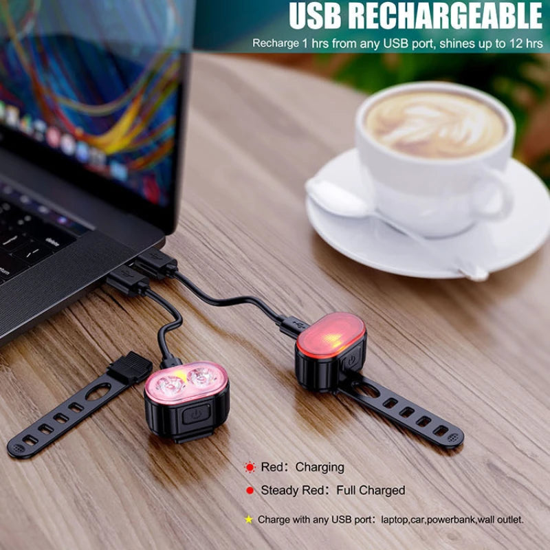 Juego de luces delanteras y traseras para bicicleta, faro con carga USB, resistente al agua, linterna LED, accesorios para bicicleta