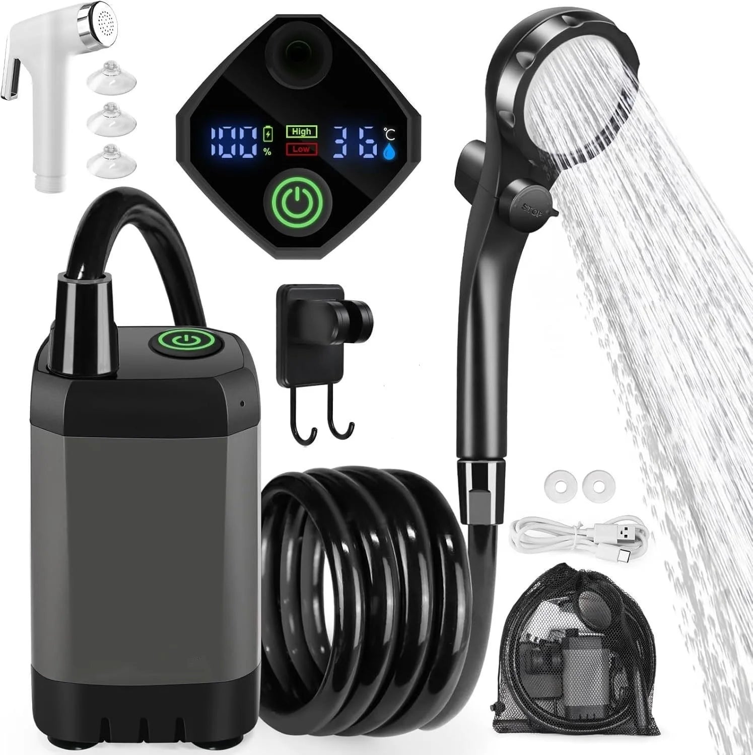 Juego de ducha para acampar al aire libre, 6000mAh, resistente al agua, con pantalla Digital, bomba de ducha eléctrica portátil para senderismo, viajes, riego de mascotas