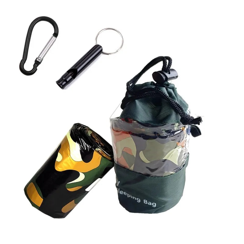 Saco de dormir térmico para senderismo para 2 personas, manta para dormir para aventuras al aire libre, bolsa de Camping, herramienta de supervivencia de película PET