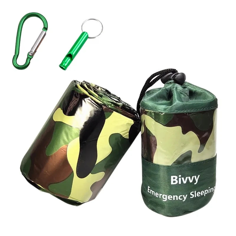 Saco de dormir térmico para senderismo para 2 personas, manta para dormir para aventuras al aire libre, bolsa de Camping, herramienta de supervivencia de película PET