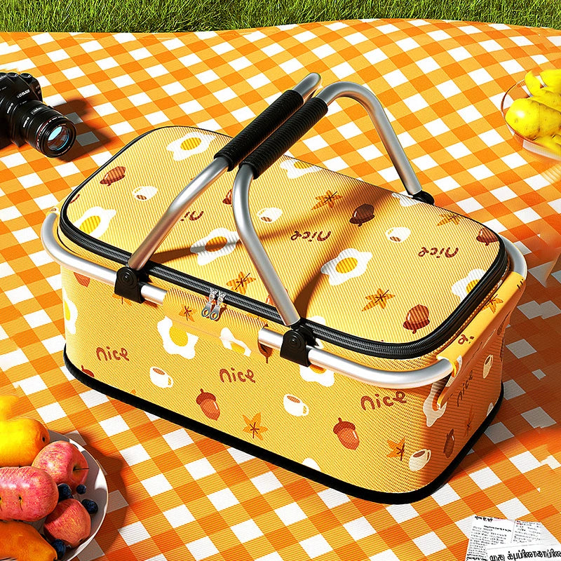 Cesta de Picnic con aislamiento de 19L, bolsa térmica plegable, mango de marco de aluminio, refrigerador para acampar, almacenamiento, transportador de comestibles, organizador con cremallera