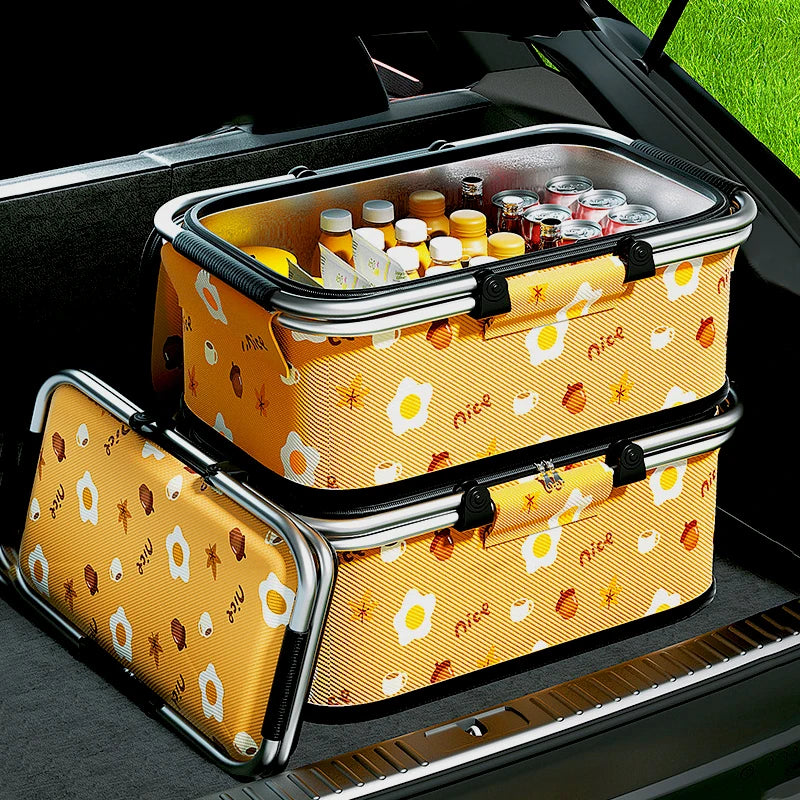 Cesta de Picnic con aislamiento de 19L, bolsa térmica plegable, mango de marco de aluminio, refrigerador para acampar, almacenamiento, transportador de comestibles, organizador con cremallera