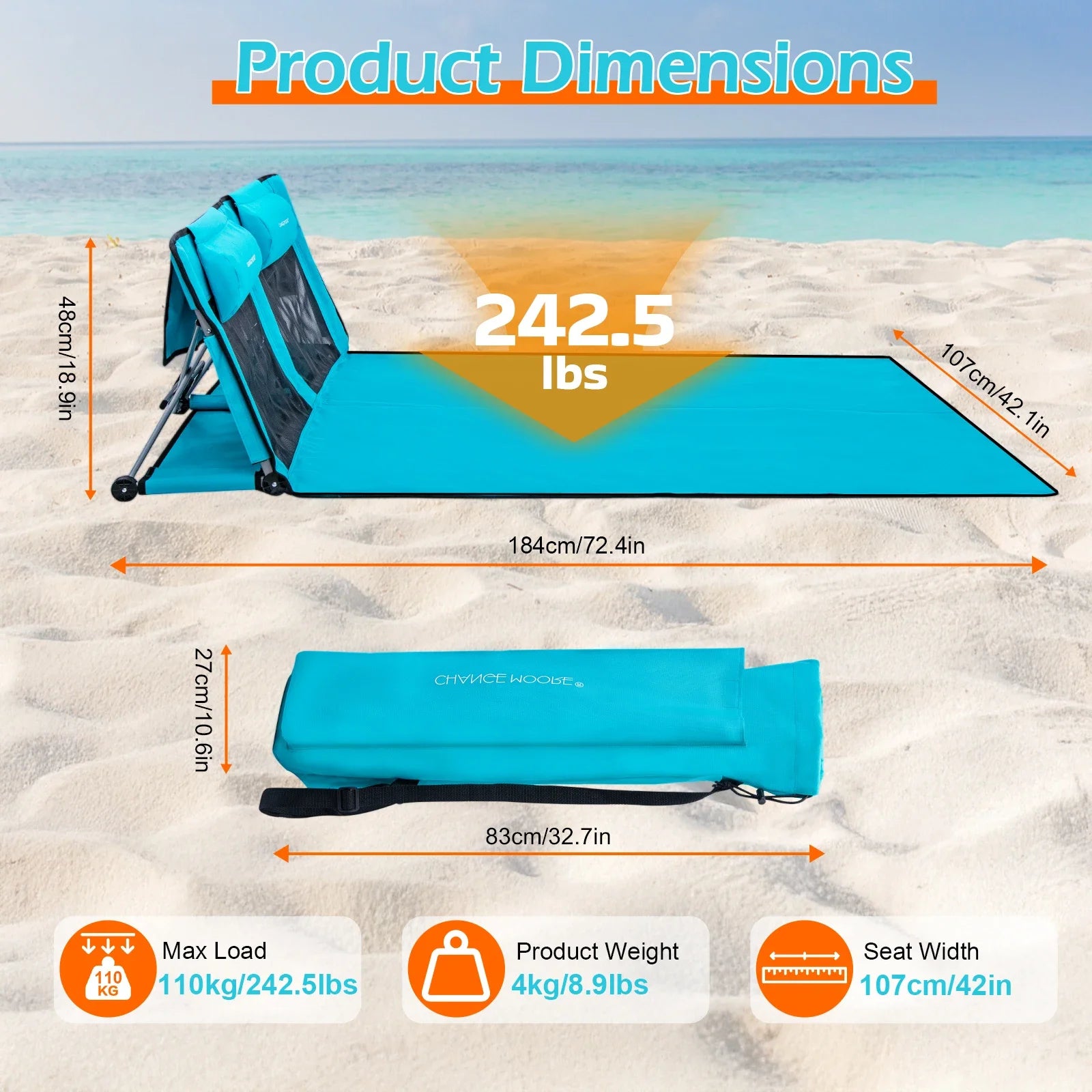 Cama de playa plegable Goture de 1,8 M con reposacabezas, cama ultraligera para exteriores, reclinable, cama plegable de viaje para playa con conducción automática