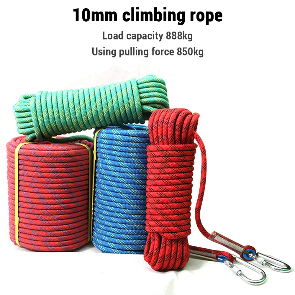 Cuerda de escalada de 10 mm para adultos con doble gancho duradera para escalada en roca, escalada en árboles, gimnasio y aventuras al aire libre