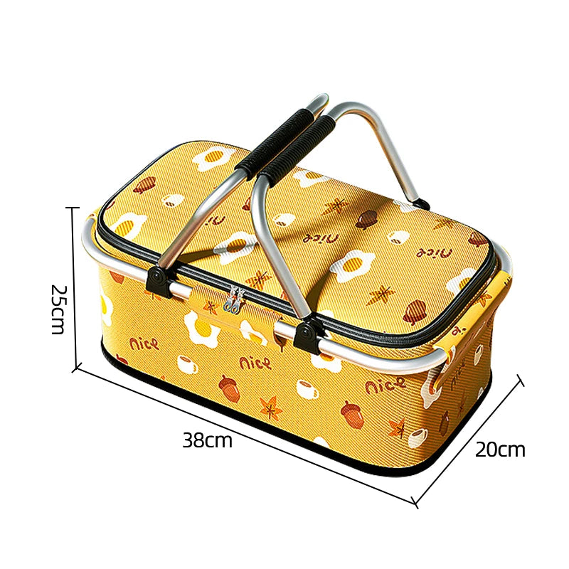 Cesta de Picnic con aislamiento de 19L, bolsa térmica plegable, mango de marco de aluminio, refrigerador para acampar, almacenamiento, transportador de comestibles, organizador con cremallera