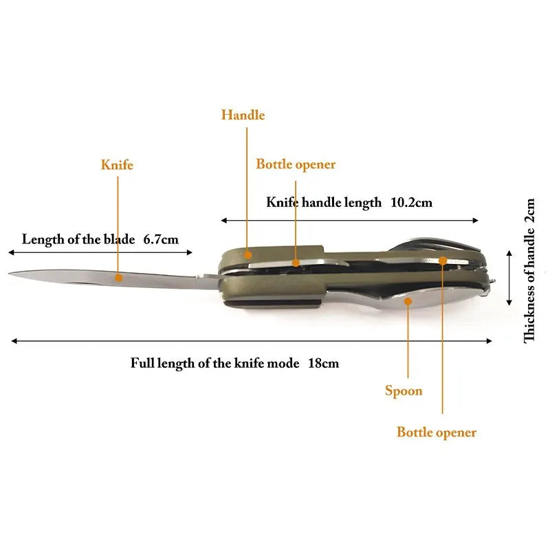 Vajilla multifuncional 7 en 1 para exteriores, tenedor plegable de acero inoxidable, cuchillo, cuchara, Picnic, Camping, senderismo, viaje