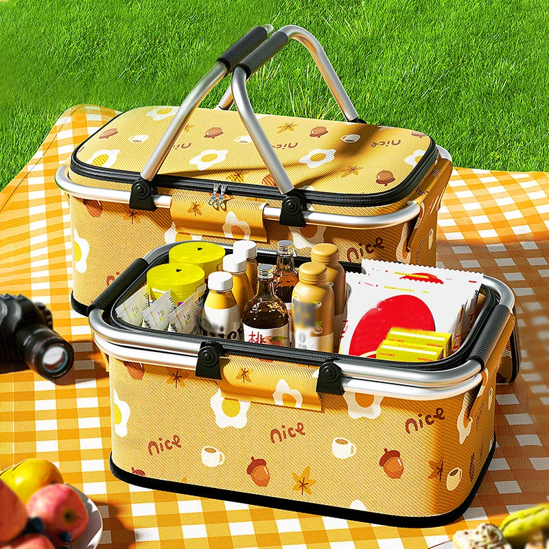 Cesta de Picnic con aislamiento de 19L, bolsa térmica plegable, mango de marco de aluminio, refrigerador para acampar, almacenamiento, transportador de comestibles, organizador con cremallera