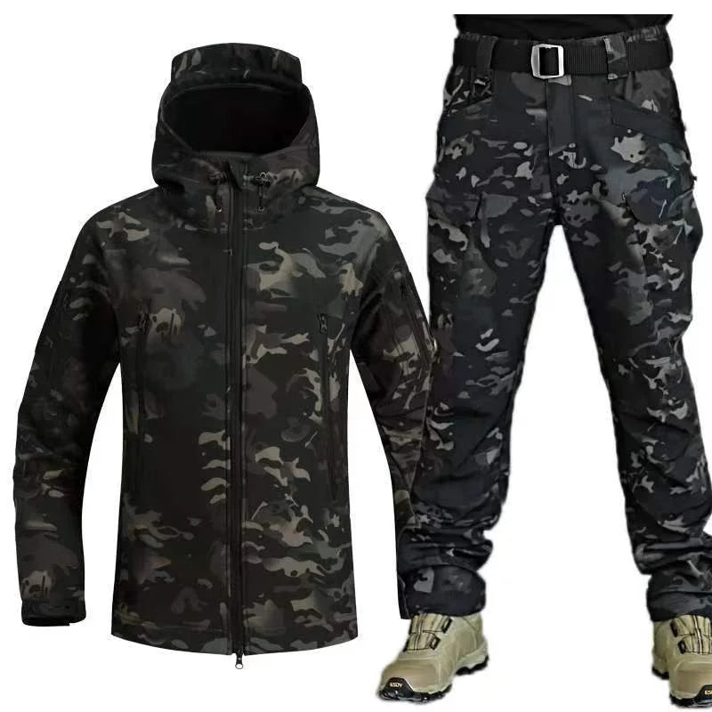 Conjuntos de chaquetas tácticas impermeables unisex, chaqueta de caza y senderismo de concha suave para exteriores, traje de pantalón Cargo de lana, chándales, invierno