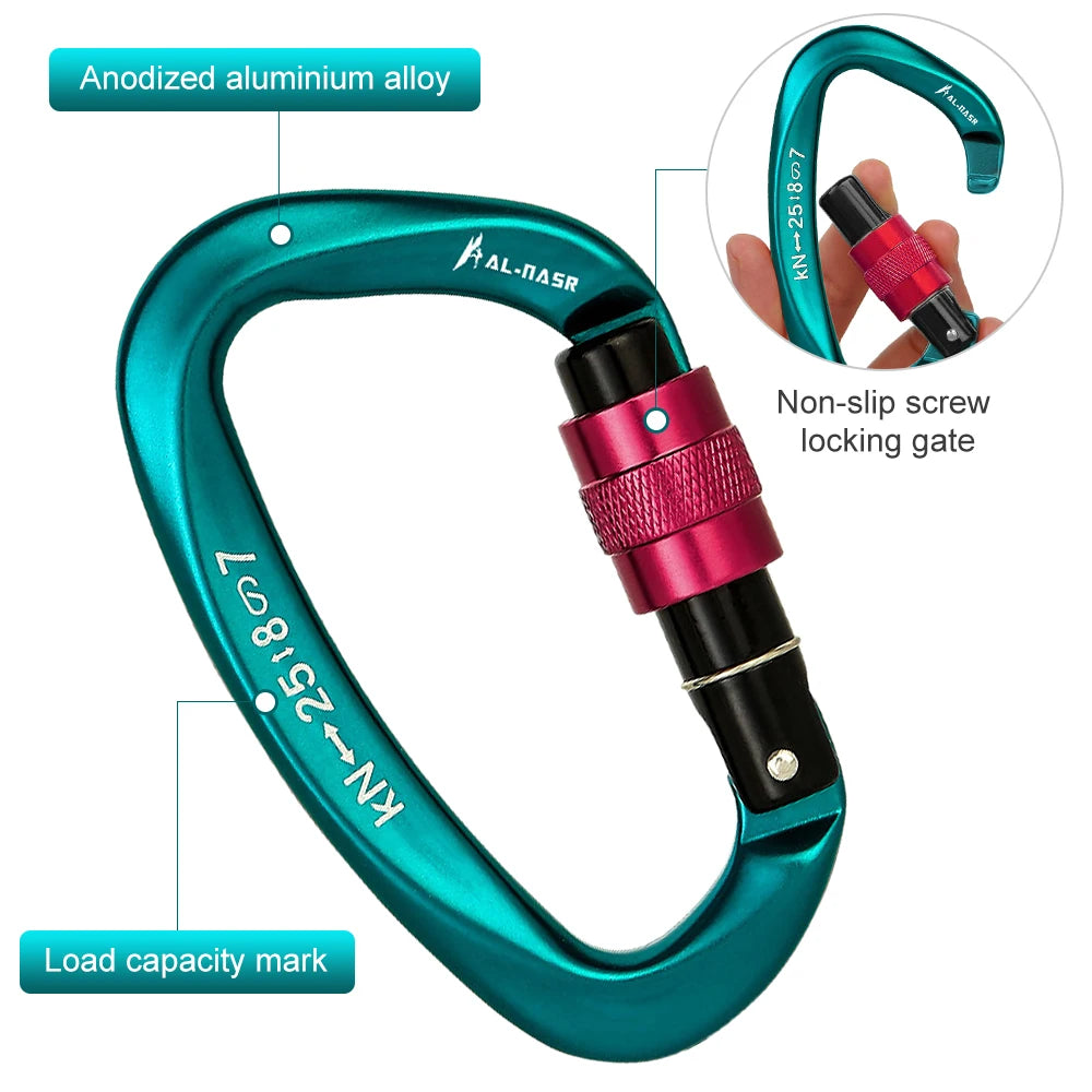 Mosquetón profesional en forma de D de 25KN, mosquetón de bloqueo de tornillo para puerta, equipo de escalada y rappel, equipo rápido, herramientas EDC para exteriores