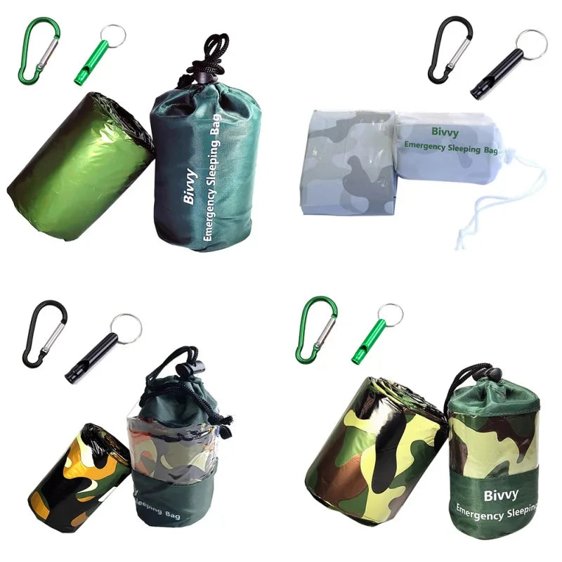Saco de dormir térmico para senderismo para 2 personas, manta para dormir para aventuras al aire libre, bolsa de Camping, herramienta de supervivencia de película PET