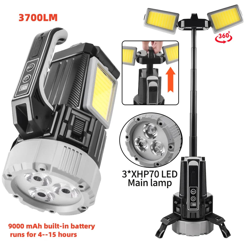 Luz de trabajo de doble luz SQ-G18 3700LM |   Antorcha LED IPX4 de 9000 mAh con pantalla digital y 9 modos para camping, sitio de trabajo, emergencia