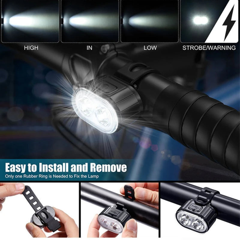 Juego de luces delanteras y traseras para bicicleta, faro con carga USB, resistente al agua, linterna LED, accesorios para bicicleta