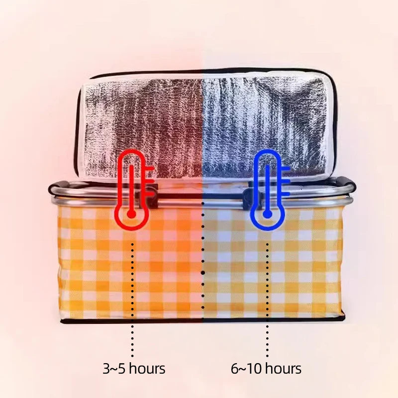 Cesta de Picnic con aislamiento de 19L, bolsa térmica plegable, mango de marco de aluminio, refrigerador para acampar, almacenamiento, transportador de comestibles, organizador con cremallera