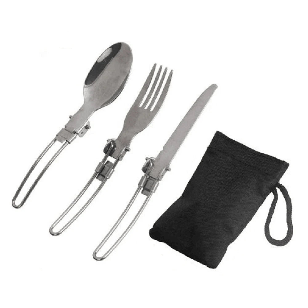 3 uds 1 Juego de cubiertos portátiles de acero inoxidable para acampar al aire libre, viaje, Picnic, plegable, cuchara, tenedor, cuchillo, vajilla