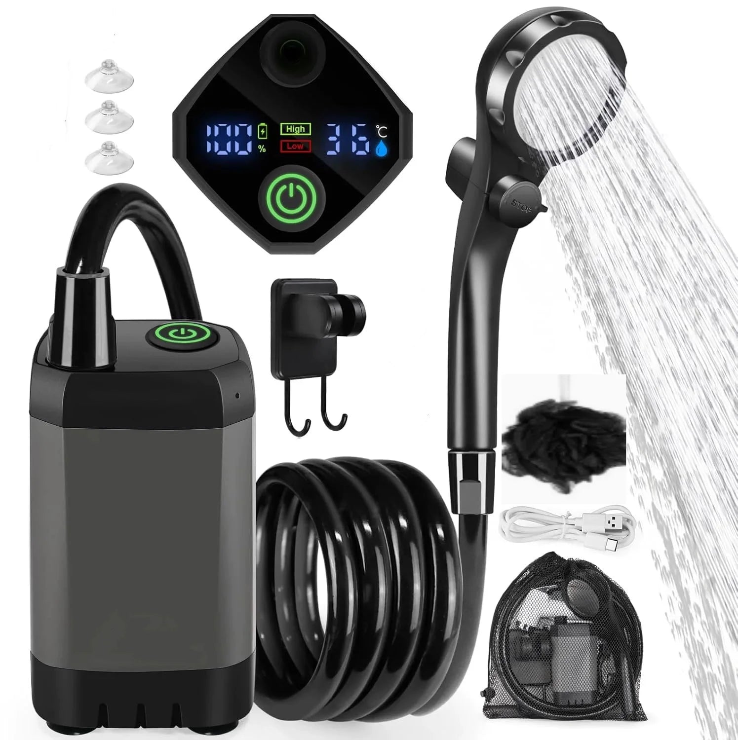 Juego de ducha para acampar al aire libre, 6000mAh, resistente al agua, con pantalla Digital, bomba de ducha eléctrica portátil para senderismo, viajes, riego de mascotas
