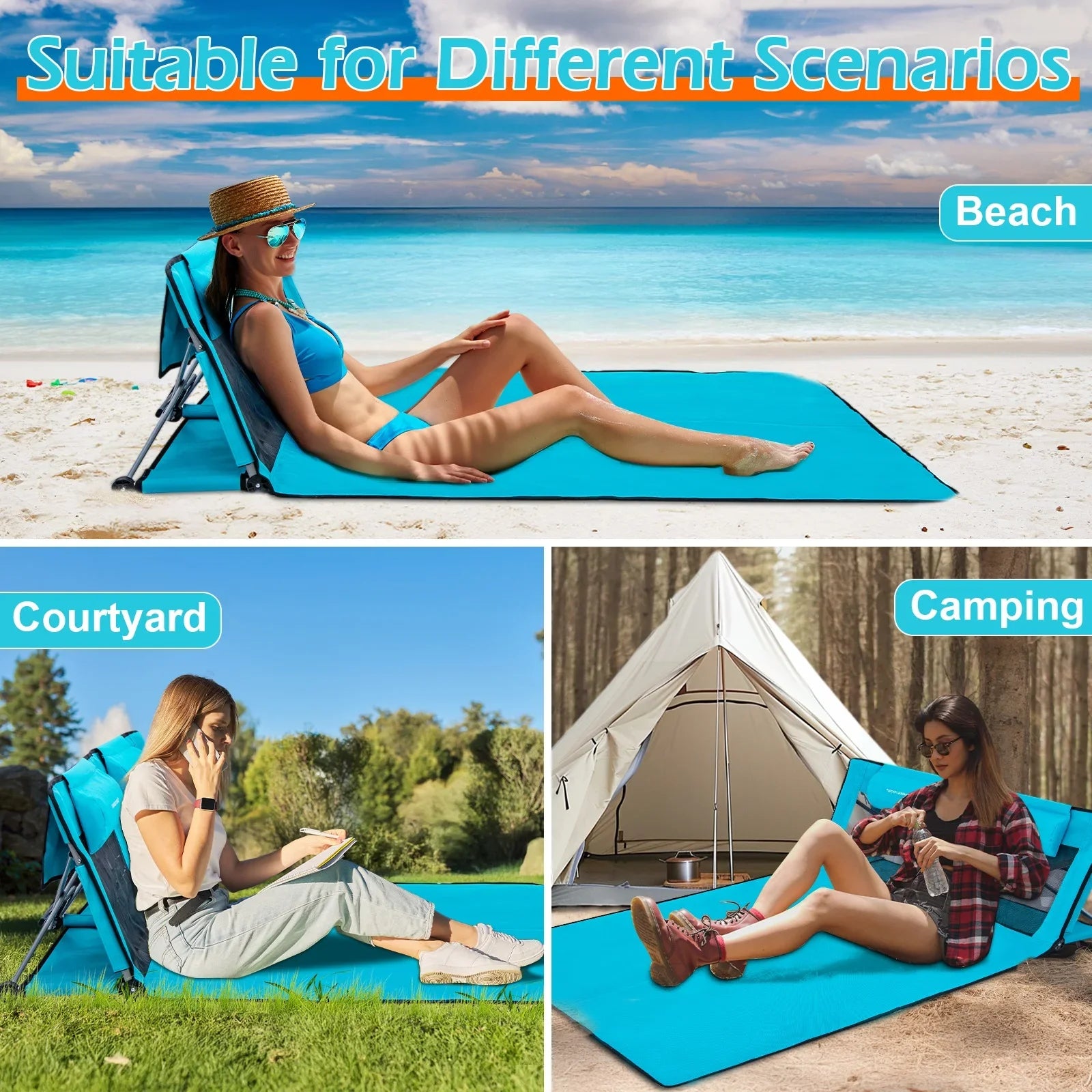 Cama de playa plegable Goture de 1,8 M con reposacabezas, cama ultraligera para exteriores, reclinable, cama plegable de viaje para playa con conducción automática