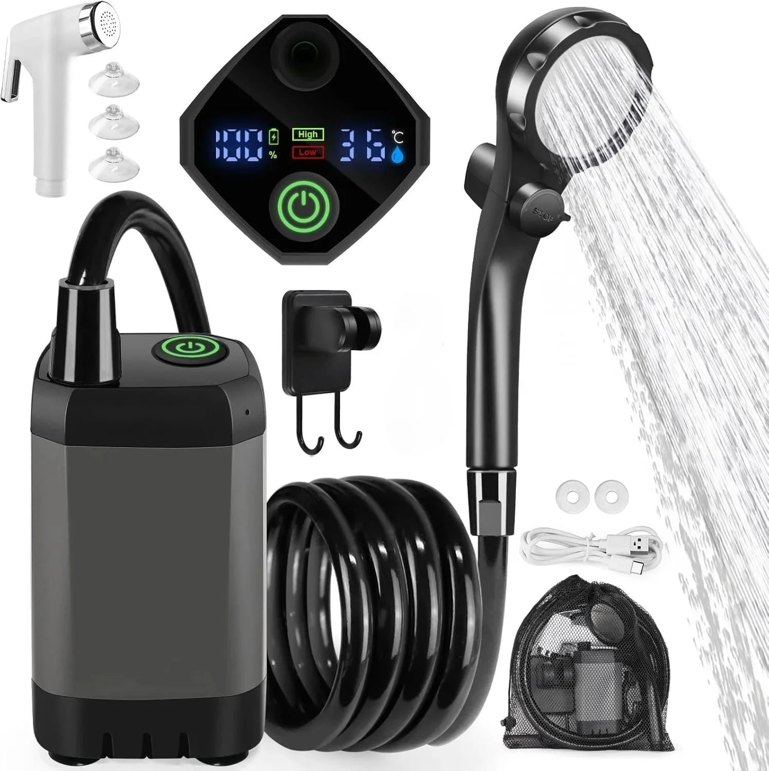 Juego de ducha para acampar al aire libre, 6000mAh, resistente al agua, con pantalla Digital, bomba de ducha eléctrica portátil para senderismo, viajes, riego de mascotas