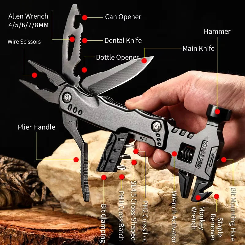 Llave multifuncional, martillo, cuchillo, alicates, herramienta de supervivencia para acampar al aire libre, herramienta de ahorro de trabajo, cuchillo multiherramienta de acero inoxidable