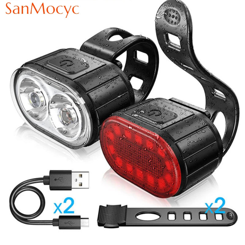 Juego de luces delanteras y traseras para bicicleta, faro con carga USB, resistente al agua, linterna LED, accesorios para bicicleta