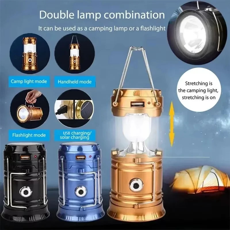 Lámpara Solar multifuncional de mano para acampar, lámpara LED portátil para tienda de campaña, luz de trabajo alimentada por emergencias, resistente al agua